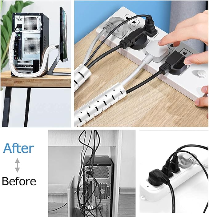 Large Cable Management White Computer Wire Sleeve Organizer Coiled Under Desk Tubes 2 PCS, 1.1 inch -5 ft EZ Spiral Cable Bundler Cover for TV Office, Pet Chew and Bite Proof Cable Protector