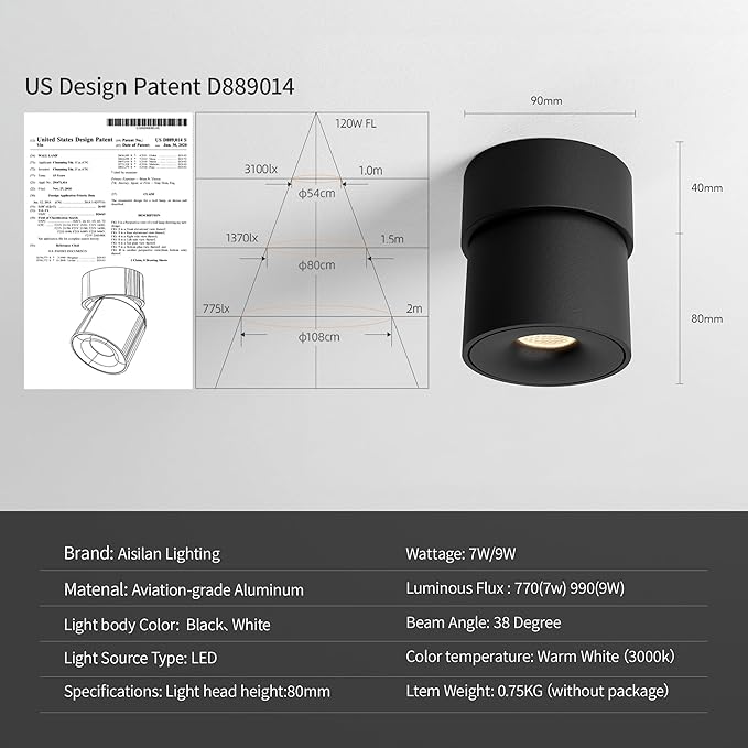 Aisilan 2Pack LED Indoor Black Ceiling Spot Lights 9W Surface Mounted Light Fixture with 360° Pivoting Spotlight, Dimmable Warm White 3000K CRI 97+ for Living Room
