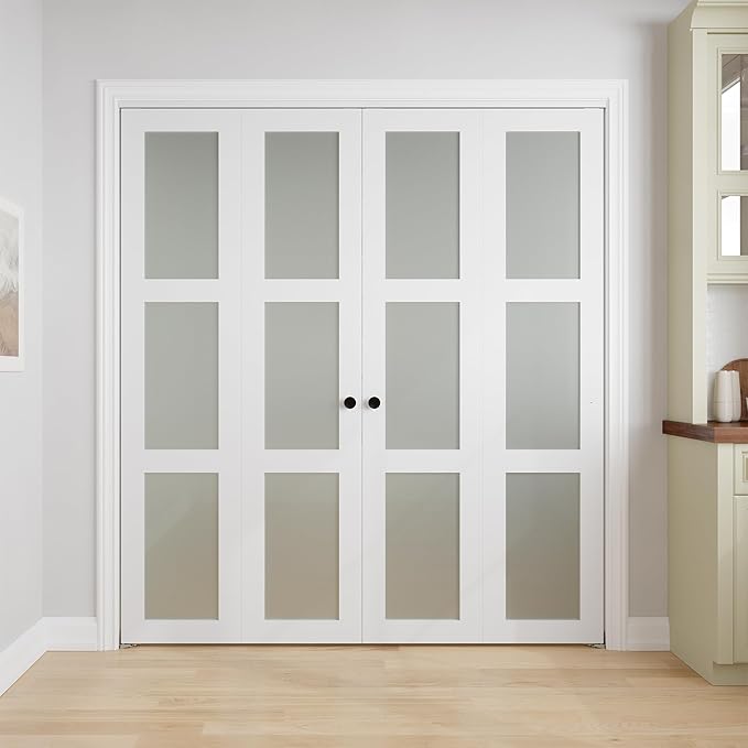Bifold Doors for 72" x 80" Opening, 3-lite Tempered Frosted Glass Closet Folding Doors with Hardware kit Included, Easy Assembly, White