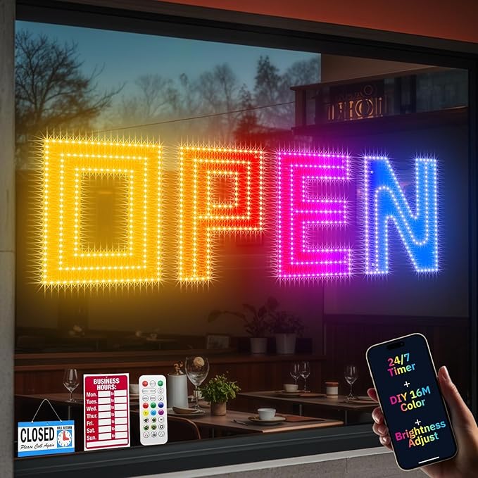 30" X 10" Open Sign, Ultra Bright Large LED Open Signs for Business with APP and Remote Control, Timer, Custom 16 million colors, for Storefronts, Restaurants, Bars, Salons, Cafes
