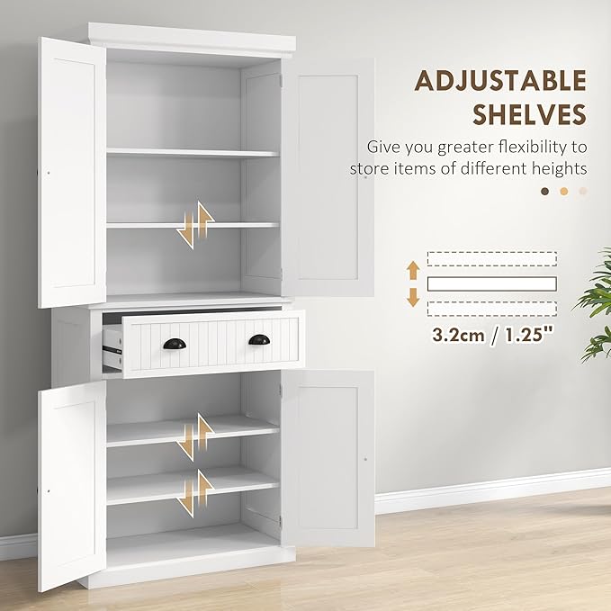 HOMCOM 72" Kitchen Pantry Cabinet, Freestanding Tall Storage Cabinet, Traditional Kitchen Cabinet with 4 Doors, Drawer and 3 Adjustable Shelves for Dining Room, White