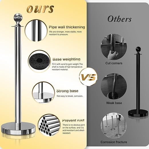 4PCS Silver Stanchions Posts with 3PCS 5 ft Red Velvet Rope, Red Velvet Rope Stanchion Set Crowd Control Barriers, Stanchions and Velvet Ropes Red Carpet Poles for Party Supplies