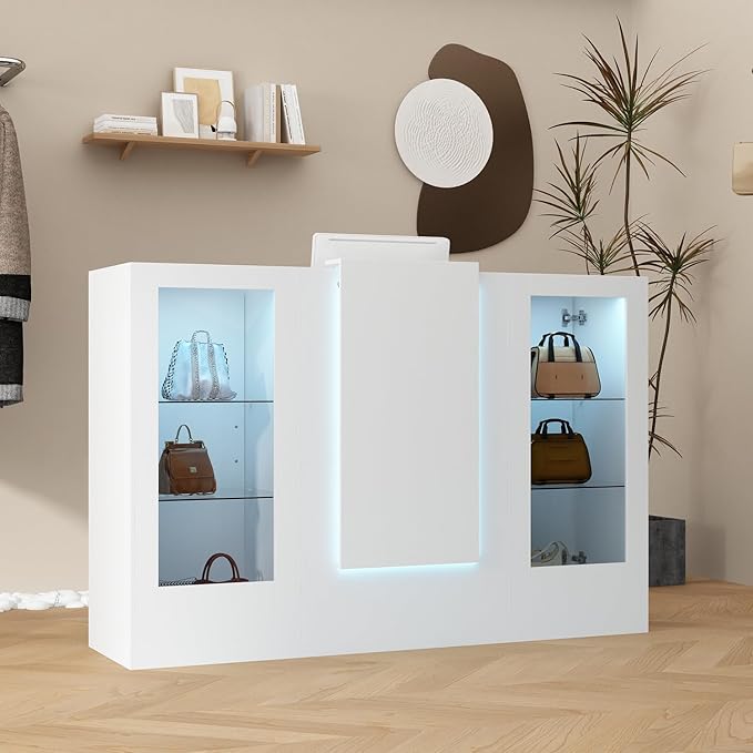 Reception Desk with Counter, 59.1 inch Front Desk with LED Light & Glass Display Shelf, Reception Room Table with Cable Grommet, Retail Counter Salon Reception for Checkout, White