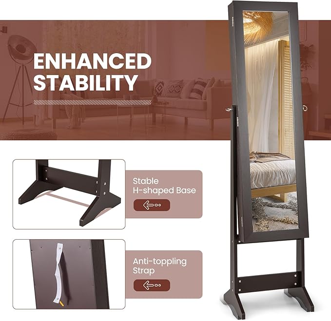 Giantex Jewelry Cabinet with Full-Length Mirror, Standing Jewelry Armoire Organizer with 64 Earring Slots, 20 Necklace Hooks, 72 Ring Slots, 4 Storage Shelves, 3 Angle Adjustable, Espresso