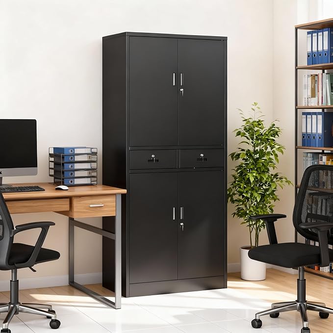BESFUR 71“H Metal Storage Cabinet with 2 Lockable Drawers and 2 Lockable Doors, Garage Cabinet with 2 Adjustable Shelves, Locking Cabinet for Garage, Office, Classroom - Black