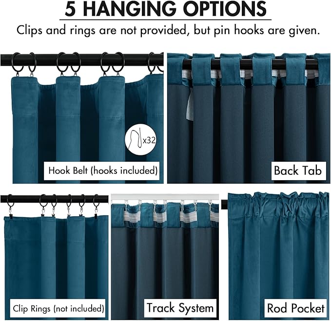 MIULEE Velvet Curtains 90 Inches Long 2 Panels Set for Bedroom, Pinch Pleat Back Tab Luxury Thermal Insulated Living Room Darkening Drapes Pleated Blackout Window Curtains with Hooks, Peacock Blue