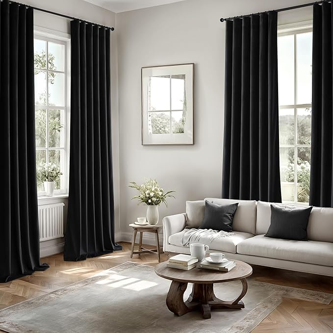 MIULEE Velvet Curtains 96 Inches Long 2 Panels Set for Bedroom, Pinch Pleat Back Tab Halloween Thermal Insulated Living Room Darkening Drapes Pleated Blackout Floor to Ceiling Curtain with Hooks Black
