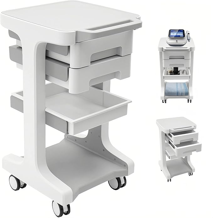 Professional 3-Tier 2-Drawer Salon Trolley Cart with Wheels Utility Cart with Drawers Mobile Storage Cart, Max 50kg/110lb Load, 16.14 * 16.14 * 26.38in (Grey)