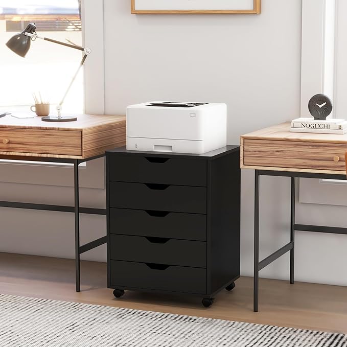 File Cabinet, Mobile Filing Cabinet w/Universal Wheels & 5 Drawers, Wood Printer Stand with Storage, Rolling File Cabinets for Home Office, Living Room, Bedroom (Black, 5 Drawers)