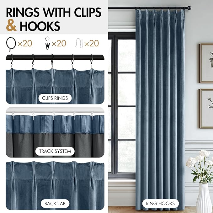 MIULEE Stone Blue Velvet Curtains 96 inches Long, Pinch Pleated Blackout Drapes with Hooks, Thermal Insulated Pinch Pleat Panels for Bedroom Living Room, 2 Panels