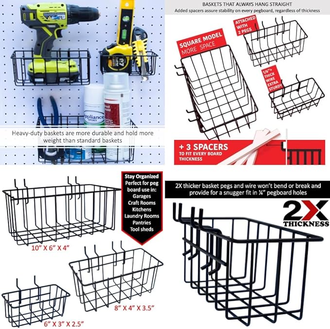 Heavy Duty Black Pegboard Hooks and Baskets for Hanging Tools, 60 Pieces 1/4'' Peg Board Accessories Peg Hooks and Bins, Peg Board Attachments for Organizing Tools Garage Kitchen Bathroom Craft Room