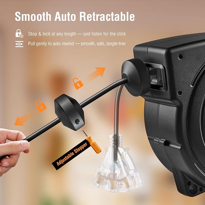 SURAIELEC 50FT Retractable Extension Cord Reel, 14AWG/3C SJTOW Heavy Duty Power Cord with Lighted Triple Tap, 13A Circuit Breaker, Ceiling/Wall Mount for Garage, Shop, Workshop, ETL Listed, Black