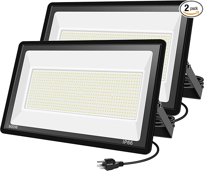 2 Pack 600W LED Flood Lights Outdoor,(3000W Equivalent), 66000LM 6000K Daylight White Super Bright Security Arena Light with Plug, IP66 Waterproof Commercial Lighting for Yard, Courts ,Stadium