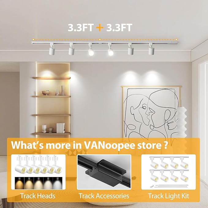 VANoopee H Track Lighting Rails Kit, 6.6FT H Type Track Rails White with End Caps and Live End Feed Connector, Compatible with Single Circuit 120V H Style Track System, for H LED Track Lighting Heads