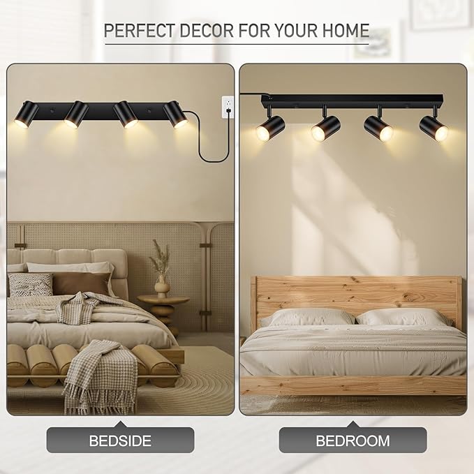 BoostArea Plug in Track Lighting, LED Track Light Kit, Black 4-Light Track Lights for Kitchen, 15 FT Cord,4 Way Ceiling Spotlight, Rotatable Wall Mount Light Head for Bedroom Hallway Living Room