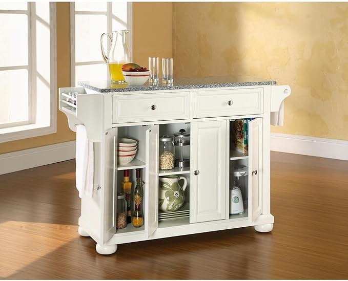 Kitchen Island with Granite Top - Full Size, Spacious Countertop, Portable Cart - White & Gray