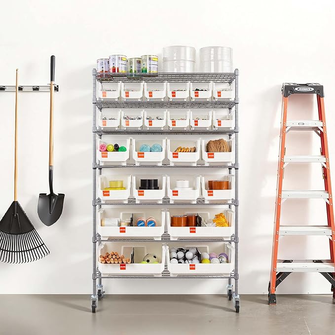 VEVOR 7-Tier Rolling Bin Storage Rack, 24 Organizer Bins, Bin Rack Storage Steel Wire Shelving System with Wheels, Mobile Tool Organizer for Garage, Warehouse, Office, Restaurant, Classroom, Kitchen