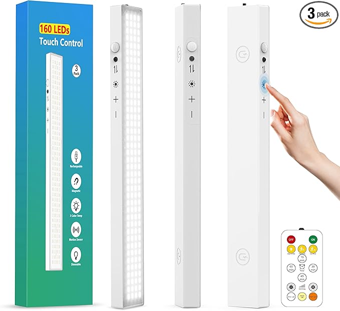 160LEDs Touch-Control Under Cabinet Lighting w/4000mAh Battery, Cordless Motion Sensor Under Counter Lights for Kitchen, Magnetic Rechargeable Closet Lights - 3Pack/White, 2025 Fall
