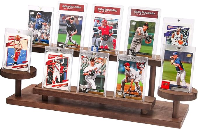 Wooden Trading Card Display Stand, 3-Tier Card Holder for Graded, Sports and TCG Cards, Tabletop Display Holder, Rustic Solid Wood Shelf Stand for Basketball Football Hockey (Brown)