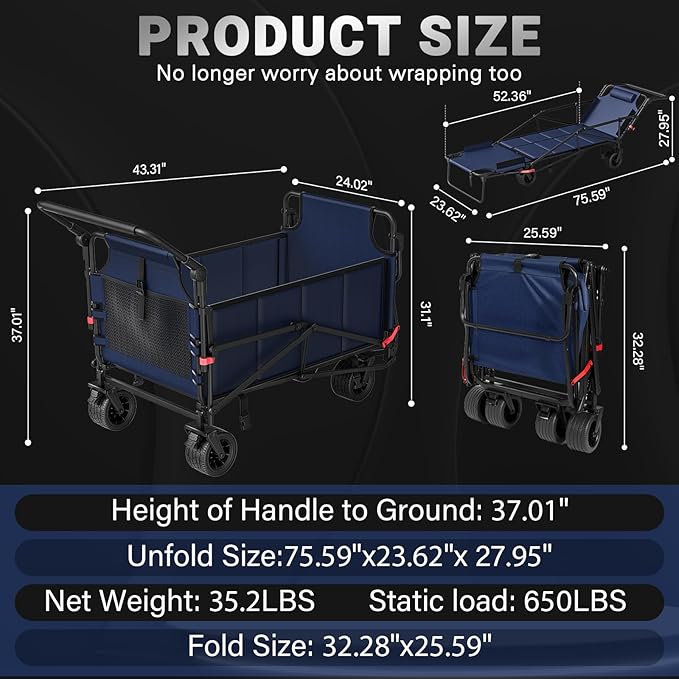 LEVELEVE Heavy Duty Folding Wagon - 2-in-1 Collapsible Cart, 650lb Capacity, All-Terrain Wheels w/Brakes & Side Pockets