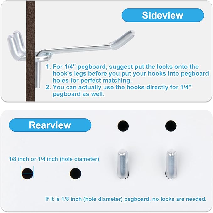 Pegboard Hooks, 2-Inch, 50 Pack Sturdy Hooks with 150 Peg Locks/Caps for 1/4 inch and 1/8 inch Peg Board, Metal Hanger for Garage, Craft Room and Store, Won’t Fall Out