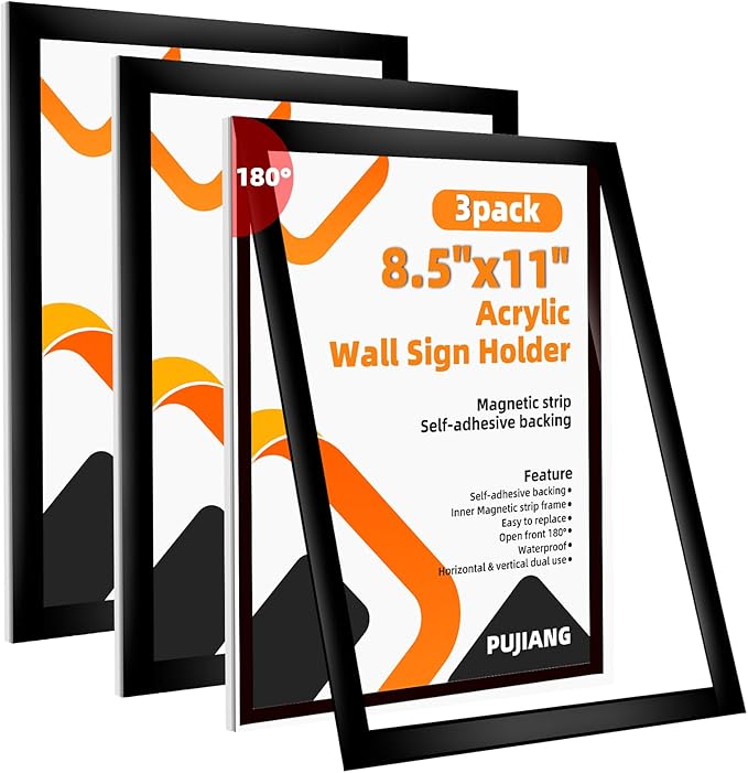 3 Pack 8.5x11 Acrylic Sign Holder Wall Mount with Framed Border, Peel & Stick Adhesive & 180° Flip Design - Single-Sided Clear Plastic Display for Menu, Poster, Flyer (Horizontal/Vertical) - Office, Home, Restaurant