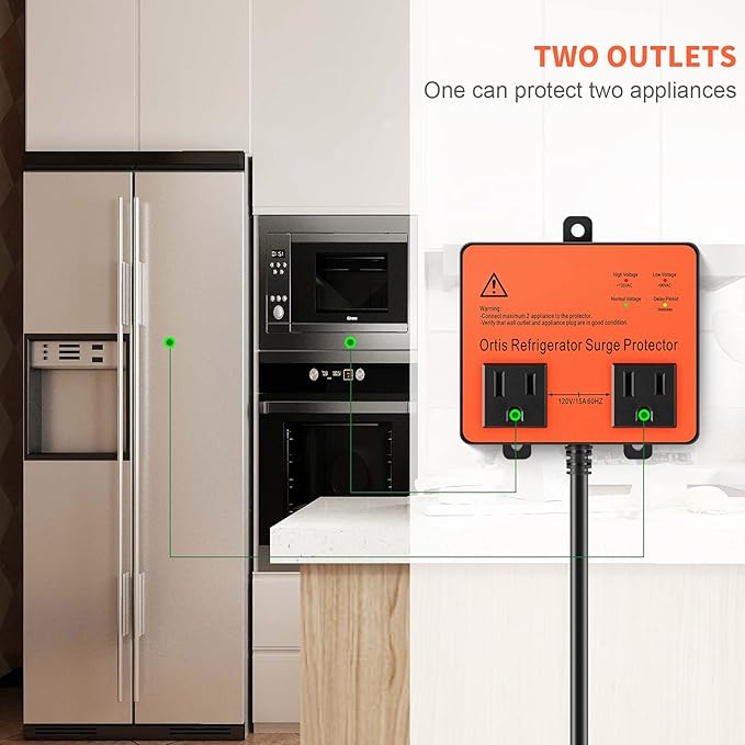 Refrigerator Surge Protector, Ortis Double Outlet Voltage Protector for Home Appliances with Time Delay, Protects Against Brownout, Spike, Instant Surge All Voltage Abnormalities, Orange