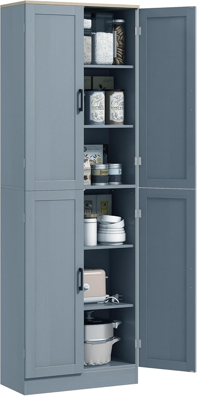 HOMCOM 67" Freestanding Kitchen Pantry, 4-Door Storage Cabinet Organizer with Adjustable Shelves, Kitchen Cabinet with Doors and Shelves, Distressed Gray