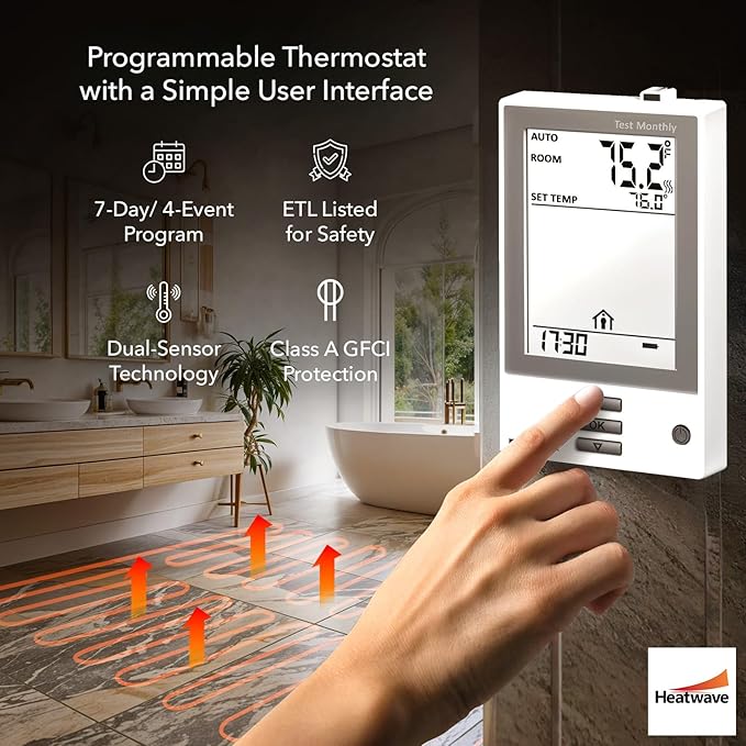 Electric Heated Floor System, 90 Sqft 240V Underfloor Electric Heating System, Heated Floor Mat, Radiant Heaters for Indoor Use, Heating Mat with 7-Day/4 Event Programmable GFCI Thermostat