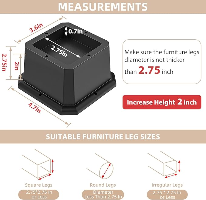 Bed Riser/Furniture Lift Bed/Bed risers/Furniture Lifter/Table risers/Frame Risers Create Under Bed Storage Heavy Duty for Furniture Height Adjustment (Black 4 Pack, 2 Inch)