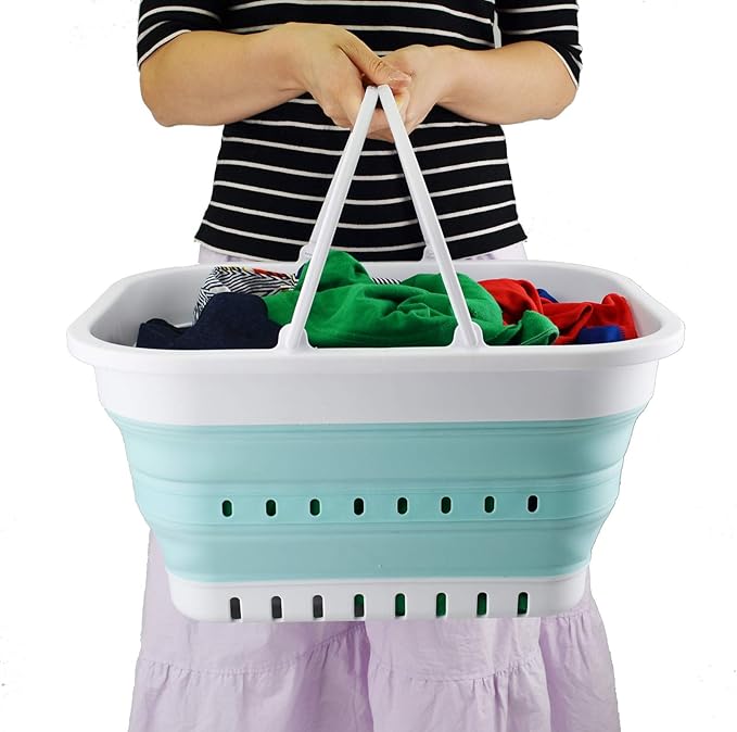 SAMMART 19L (5 Gallon) Collapsible Tub with Handle - Portable Outdoor Picnic Basket/Crater - Foldable Shopping Bag - Space Saving Storage Container (1, White/Lake Green)