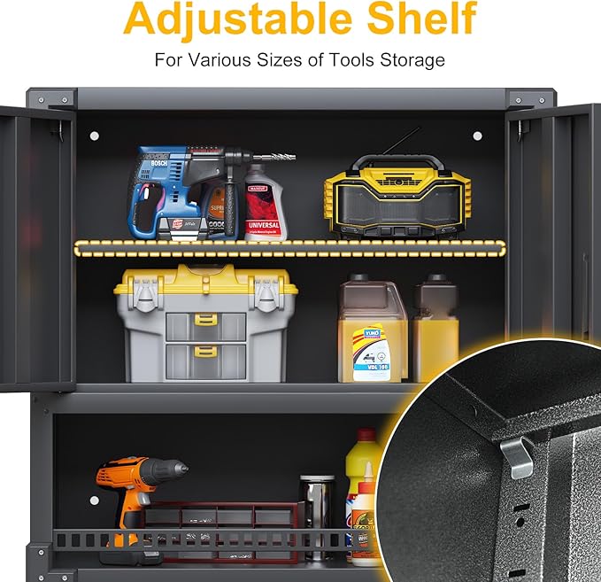 Metal Wall Mounted Cabinet with Locking Doors, Open Shelf, Adjustable Hanging Garage Storage Cabinet, Floating Upper Tool Cabinets for Shop, Kitchen, Bathroom (Black, 30''W x 12''D x 30''H)