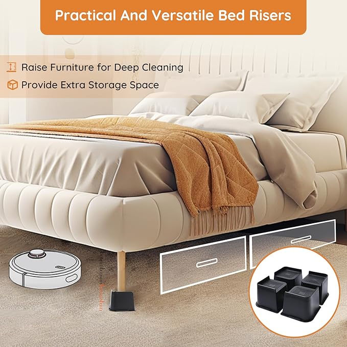 Bed Risers, Oversized Furniture Risers, 4 inch Raise Blocks for Bed Couch Desk Sofa Table Lifts, Furniture Legs Lifters Support up to 6000 Lbs (Black, 4 Pack Set)