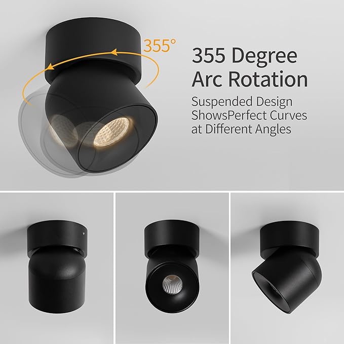 Aisilan 4 Packs LED Dimmable Adjustable 360° Ceiling Spotlight Indoor Directional Light Surface Mounted 9W 3000K Warm White Aluminum Spots Light for Cabinet Gallery Hallway Corridor, Black
