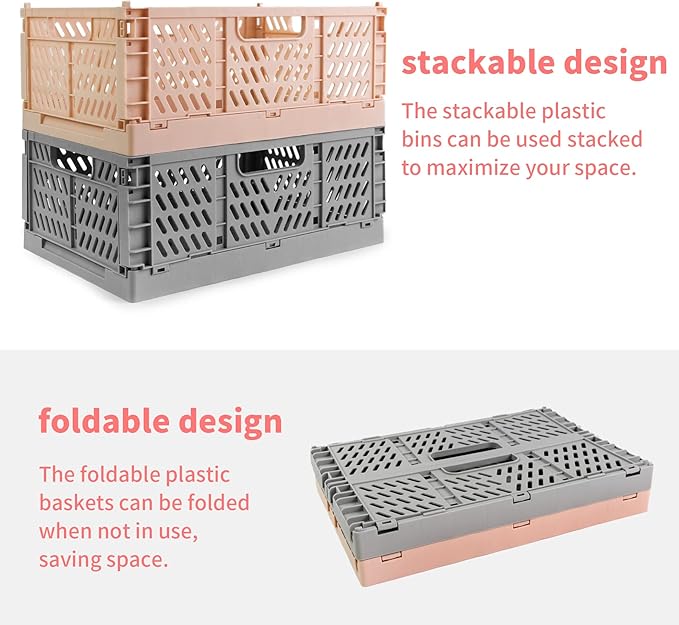 Domiella 2-Pack Crates for Storage, Storage Crates Plastic Stackable, Foldable Crate for Office Home Kitchen Bedroom Bathroom (Small, Gray)