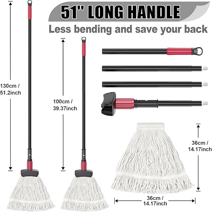 Industrial Commercial Mops for Floor Cleaning - Looped-End Heavy Duty Wet Mop with Long Handle for Hardwood Wood Tile Vinyl - Reusable Cotton Head for Home Garage Kichen Bathroom