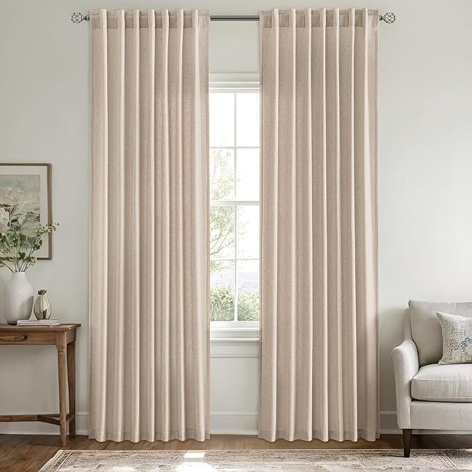 MIULEE Non-See-Through Privacy Linen Curtains 2 Panels, Light Filtering Window Curtains Farn House Textured Back Tab Semi Sheer Drapes for Bedroom Living Room, 52 x 84 Inches Long, Burlywood