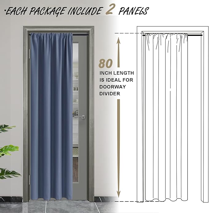 JIUZHEN Blackout Doorway Curtains 80 inch Length - 2 Panels Thermal Insulated Privacy Soundproof Rod Pocket Closet Door Curtains Room Divider for Bedroom, Office, 42 x 80 inches, Dusty Blue