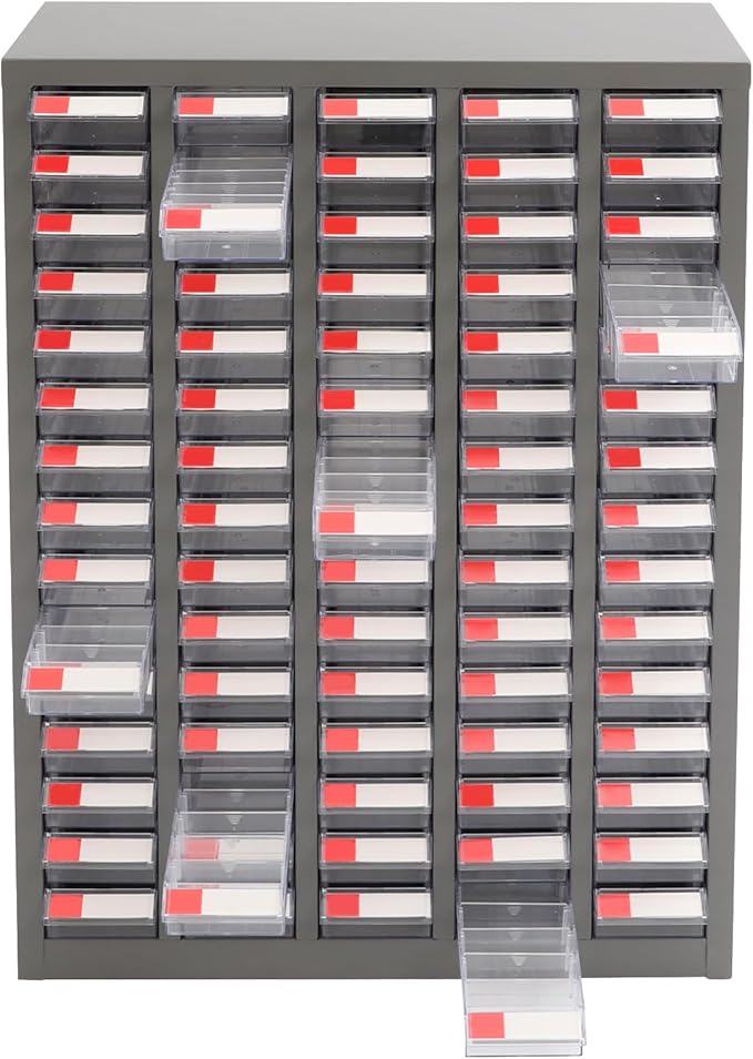 75 Drawer Parts Cabinet,Metal Tool Cabinet with Each Drawer 5.5 Lbs Load ,Bolt and Nut Tool Storage Box with Hooks , Material Cabinet for Hardware Stores, Warehouses, Car Repair Shops(Grey & Clear)