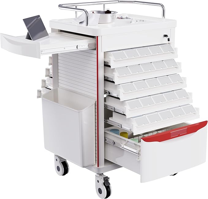 Medication Bins Cart with 200 Bins, 10 Drawers - Dual-Sided Open, 50 Medicine Boxes, Hidden Sub Workbench, Silent Casters, Container, 2 Trash Bin-Medical Crash Cart for Clinic, Hospital and Lab