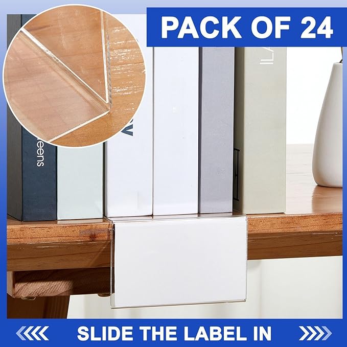 24 Pcs Acrylic Library Moveable Shelf Label Holders Bulk Talker 5" x 3" Clear Shelf Display Markers Retail Label Tags for Office Home Classroom Office Book Shelve