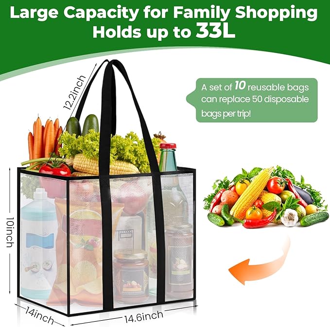 10 Pack Reusable Grocery Bags, Heavy-Duty Shopping Bags with Sturdy Handles, Water-Resistant & Foldable Organizer, Shopping Bags for Groceries, Market, Car Trunk, Multi-Purpose, 33L
