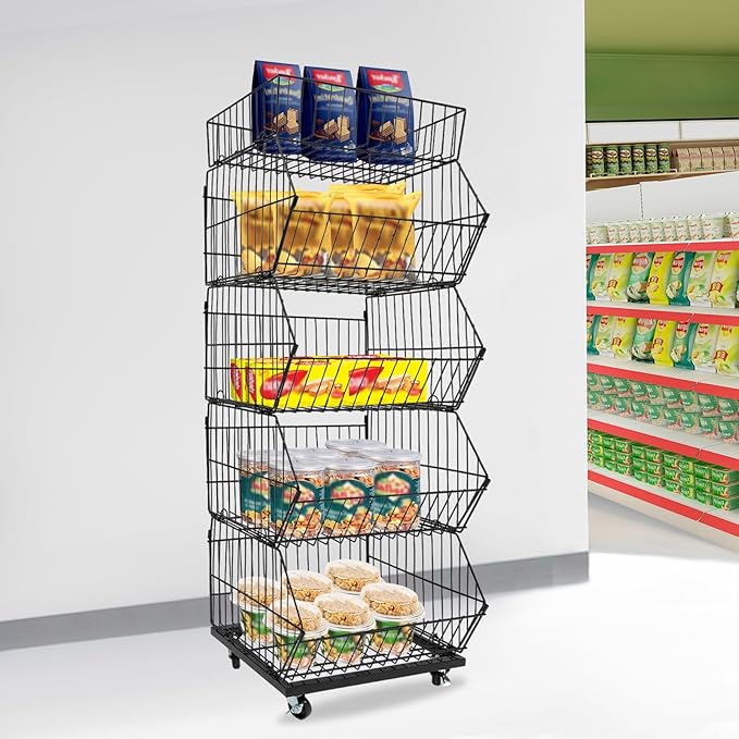 5 Tier Retail Display Rack, Rolling Storage Rack 5 Layers 18.9*17.72*55.12in Metal Display Shelf Fruit Vegetable Snack Basket Storage Supplies for Home Store Market (Black, 48*45*140cm)