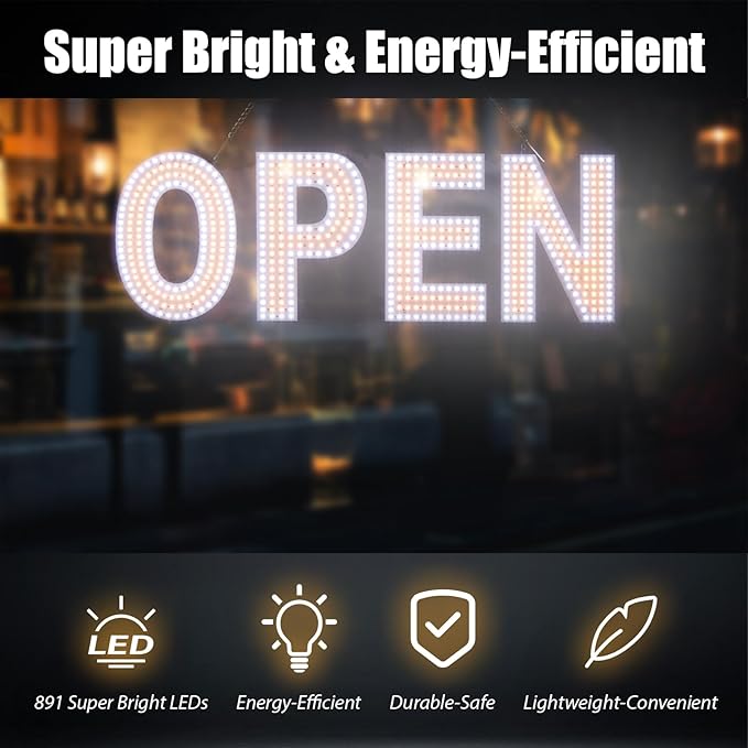 Open Sign for Business, 30"x10" Dimmable Large LED Open Signs with Hanging Installation for Cafes Store Restaurant Office Bar Pubs Hotel Salon Warm White