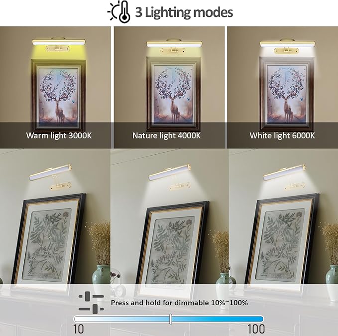 MIOBLUE Rechargeable Picture Light with Remote, Wireless Battery Art Display Light with Remote Control, Dimmable/Timer Off Painting Light, 3 Lighting Modes Full Metal Dartboard Lights (Gold-1Pack)