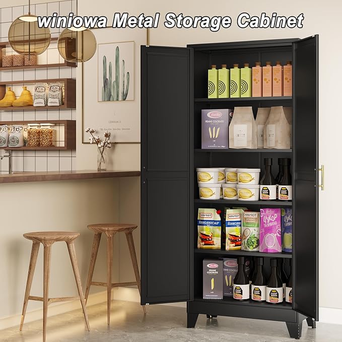 Metal Pantry Cabinet with 2 Doors and Adjustable Shelves - 71" Kitchen Storage Cabinet with Gold Handles - Versatile Storage for Kitchen, Bathroom, Dining Room, Utility Room - Black
