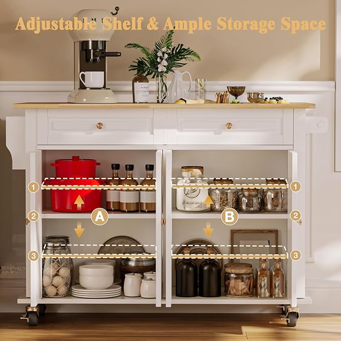 51.2'' Rolling Kitchen Island with Drop Leaf - Kitchen Carts on Wheels with Storage, Towel Rack, Drawers Island Table for Kitchen, Dining Room, White