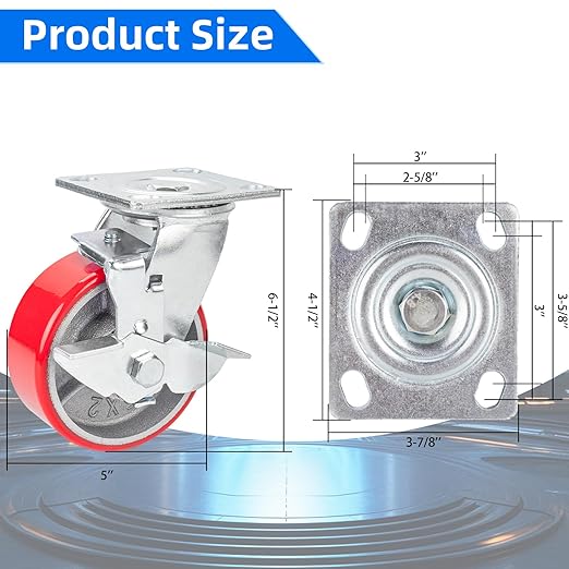 Nefish 5 Inch Industrial Casters Wheels, Heavy Duty Casters 2 Pack, No Noise Polyurethane Wheel on Steel Hub, 1000 Lbs Load Capacity Per Swivel Casters with Brake for Dollies, Platform Trucks