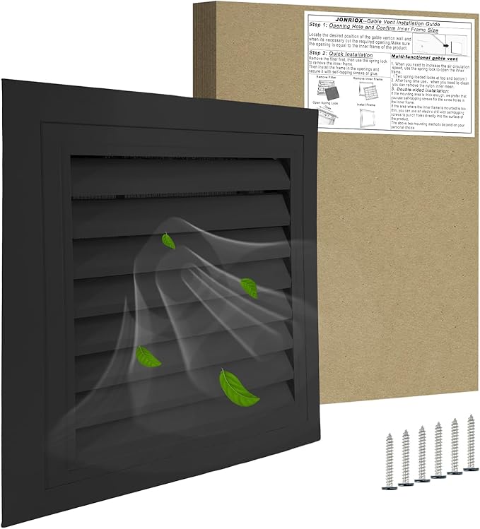 16"*16" Gable Vent,Aluminum Alloy Wall Vent Shed Vents,with Removable Strainer and 180 Degree Opening Angle.Ideal for Attic,Shed,Garage,Play House,Coop.[Inside Dimensions:13.3"w X 13.3"h]-Black 2 Pack