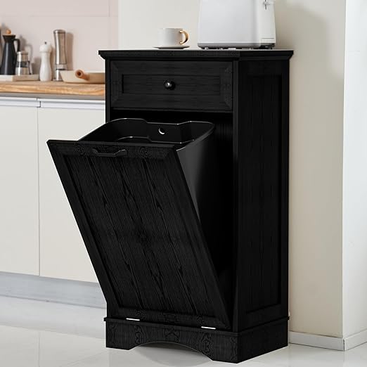 13 Gallons Tilt Out Trash Cabinet Freestanding Kitchen Trash Bin Cabinet Wood Garbage Recycling Cabinet with Hideaway Drawer Pet Proof Trash Can Holder for Kitchen Living Room, Dark Black